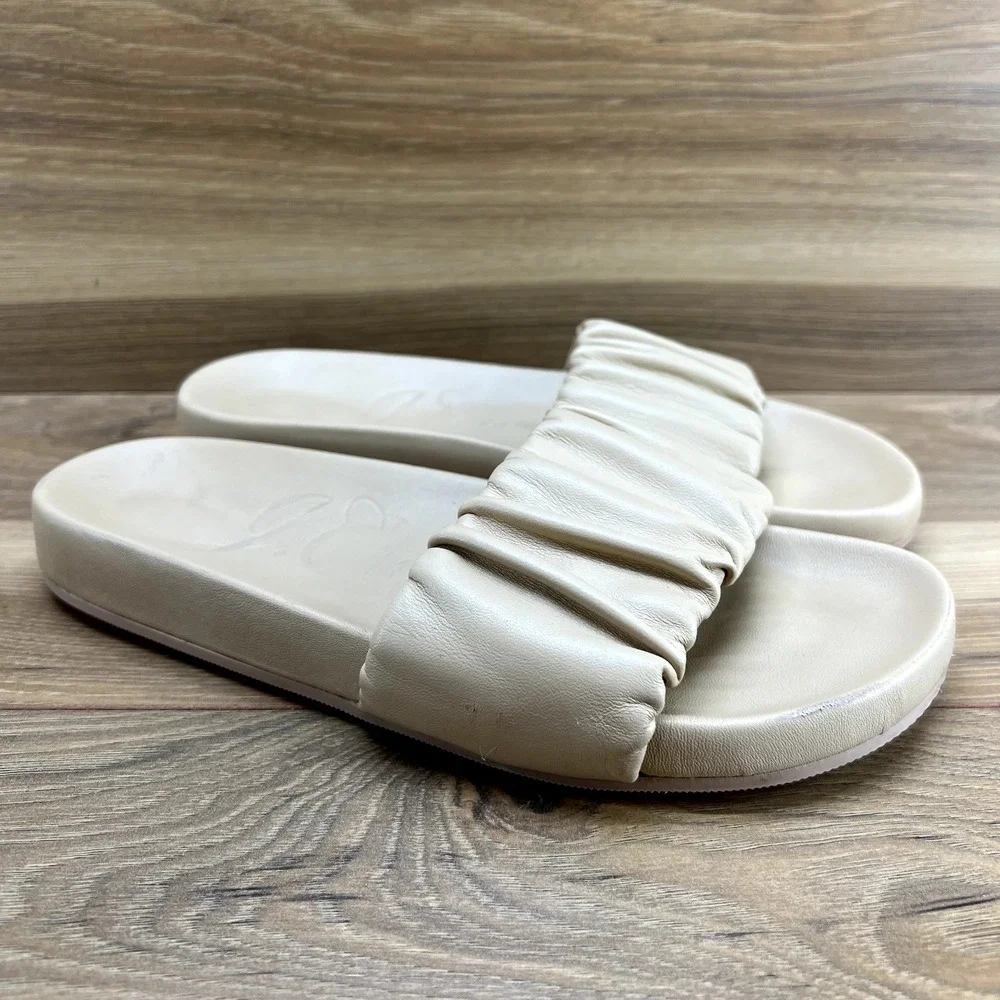 J Crew Slide Sandals‎ 6.5 Tan Pleated Ruched Soft Leather Flats